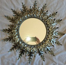 Miroir Soleil Sunburst vintage Fer forgé noir et argenté à décor de 32 feuilles