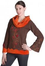 Pull polaire boho à col roulé en velours marron/orange