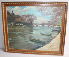 Ancien tableau huile sur toile, non signée, Quai de Seine Pont des Arts, 55x46