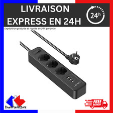 Multiprise USB 3 Prises avec 3 Ports USB + Interrupteur, Cable 2M, 3680W 16A