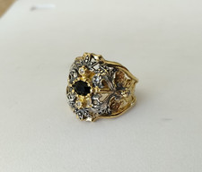 BAGUE STYLE BAROQUE ARGENT MASSIF VERMEIL VINTAGE PIERRE NOIRE taille 55