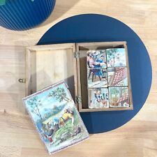 Antique Wooden Cube Set - Vintage Puzzle with Country Illustrations