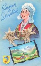 Postcard fantasy illustrated souvenir of the dauphiné dried flowers added