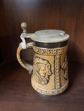 ANTIQUE GERMANY STONEWARE AND TIN BEER MUG ROYAL PORTRAITS IN RELIEF