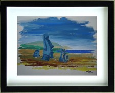 Dessin Gouache  MOAï  ILE DE PAQUES    Signé JEAN SEMICHON (1912/2000)