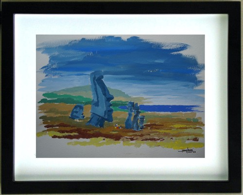 Dessin gouache moaï ile - dessin,