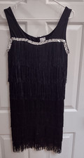 Charleston Flapper Dress Halloween  Costume Fringe Black  Womens Size Large