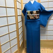 6435# Kimono Japonais Vintage Femme Tissu Soie Robe Kimono Vendu Bleu Seul