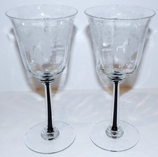 HTF PAIR OF MORGANTOWN GLASS FONTINELLE ETCH BLACK FILAMENT STEM 7 3/4" GOBLETS