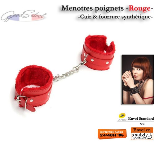 Menottes poignets rouge cuir - menottes, -rouge-