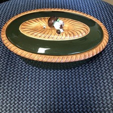 Vintage French Pillivuyt porcelain terrine/ baking dish Green   Lid Mushrooms