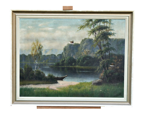 Paysage avec lac bateau - lac, et