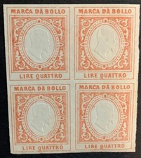 Italy Matraire 1863 MNH 4 Lire Block of Four Fix Rate Revenue Stamp