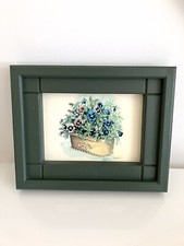 Peinture Fleurs Panier Osier Cadre Bois Vert Lithographie Signée Peggy Abrams