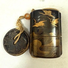 Inro Ancienne boîte en bois sculpté Edo Gold Makie Crane Wave Sea Netsuke Ojime