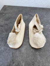 Ancienne Paire De Chaussons Chaussure Cuir Taille 9 Baptême Mariage Bébé Poupee 