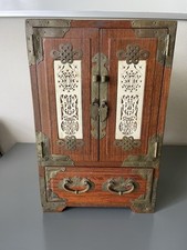 Chinese Wood Brass Jewelry Box Armoire Chest Intricate Inlay 5 Drawers
