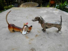 2 ANCIENNE STATUE FIGURINE CHIEN BASSET PAPILLON SIGNÉ DESIGN ITALY PLOMB VIENNE