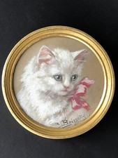 Sublime ancien TABLEAU CHAT BLANC signé BOISSET artiste Lyonnaise référencé coté