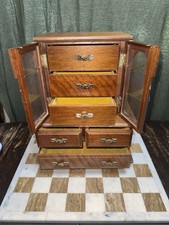 Lg Vintage Wooden Jewelry Box Armoire  Acrylic Windows Gold Velvet Lined