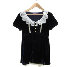 Ank Rouge Velour Blouse Shirt Short Sleeve Lace Collar Navy M Used