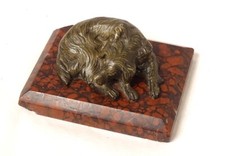 Small Clipboard Bronze Sculpture Dog Reclining Marble Red Cherry 19th Century
