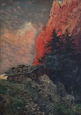 "Alpenglühen", Prof. Friedrich Neumann, peinture de paysage avec maison, sign...