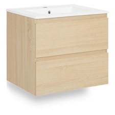 Meuble lavabo simple 60 cm vasque Salle de bain Bois Chêne 2 Tiroirs Homestyle4u