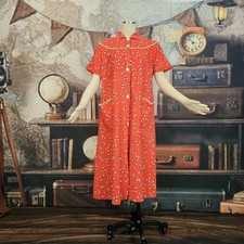 Vintage 1960's Housecoat Robe Red White Polka Dot Collar Button Front Pinup 