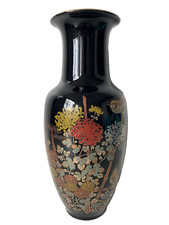 Japanese Black Ceramic Vase with Bright Colors Vintage Floral Decor