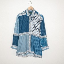 Souleiado 90s Vintage Button up Shirt Blue print Long Sleeve size 2