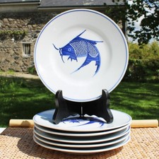 Set of 6 Chinese Porcelain Plates Carp Fish Pattern Blue Koi ø 20.5cm