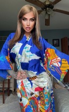 VINTAGE Kimono Robe Women Large Blue White Oriental AOP Open Front Pockets 90s