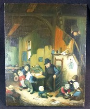 D'après Adriaen Van Ostade Le Maitre d'Ecole Huile sur Panneau XIXe