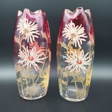 LEGRAS - PAIR OF ENAMELLED GLASS VASES OLGA Model Art Nouveau Flowers Tokyos