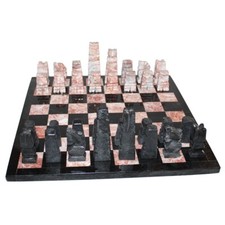 Pink & Black Marble / Onyx Coin Chess Set + Aztec Model Mexico