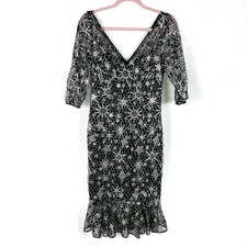 Marchesa Notte Lace Dress Black Silver V-Neck Midi Cocktail Guipure Sz 6