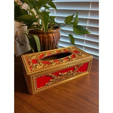 Vintage Hollywood Regency Ornate Gold & Red Velvet Tissue Box Cover / Holder