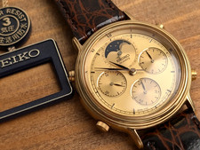 1983 SEIKO Moon Phase 7A48-702A Gold Dial Quartz Men's Watch Vintage 37mm