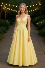 Sherri Hill Yellow Ball Gown V-Neck Lace Up w/ Pockets Long Bow Prom Dress Sz 4