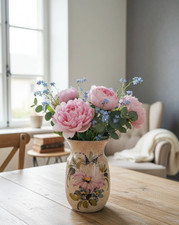 Large Vintage Vallauris Vase - Beige Floral Fat Ceramic