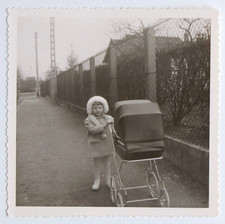 Girl Holds Stroller City Street - Old Photo Snapshot, Square