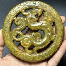 4" China Dragon Old Hsiuyen Jade Carving Pendant Chinese Culture Ornament
