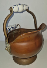 🔥 Grand seau à charbon vintage – Cuivre & porcelaine –Têtes de lion – Cache-pot