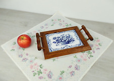Vintage Wood Earthenware Hand Painted Portugal 1960s Table Serving Tray