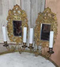Pair of Bronze Wall Sconce Candle Holders 2 Lights 19th Century Fake Glass Candle
