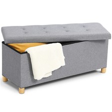Banc coffre rangement sur pied 100 cm tissu gris clair