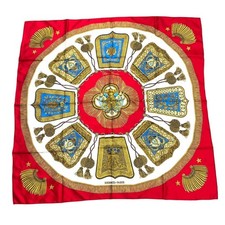 HERMES Carre 90 Poste et Cavalerie Red Silk Scarf with Saber Design