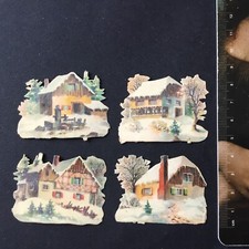 4 Chromos Anciens 4 cm Maisons en Hiver XIXè Découpis Gaufré Victorian Scrap