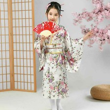 Kids Japanese Printed Sakura Gils Kimono Bathrobe Yukata Haori Obi Dress Robe 01